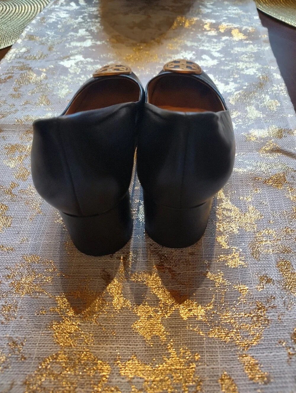 Tory Burch Black Leather Heels with Gold Logo Medallion